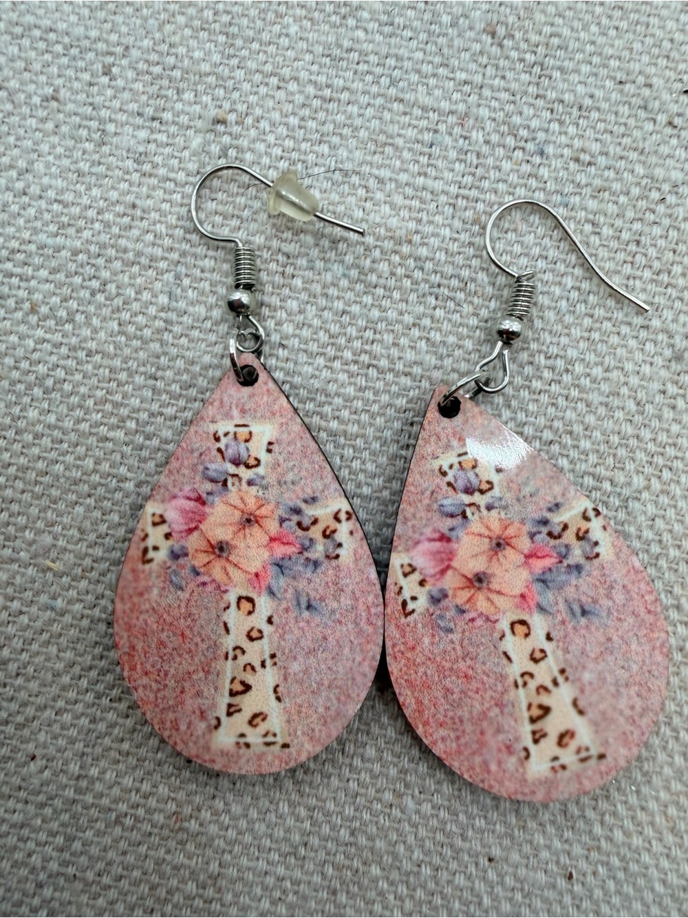 Pink Floral Cross Teardrop Dangle Earrings for Women